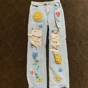 floral design ripped jeans